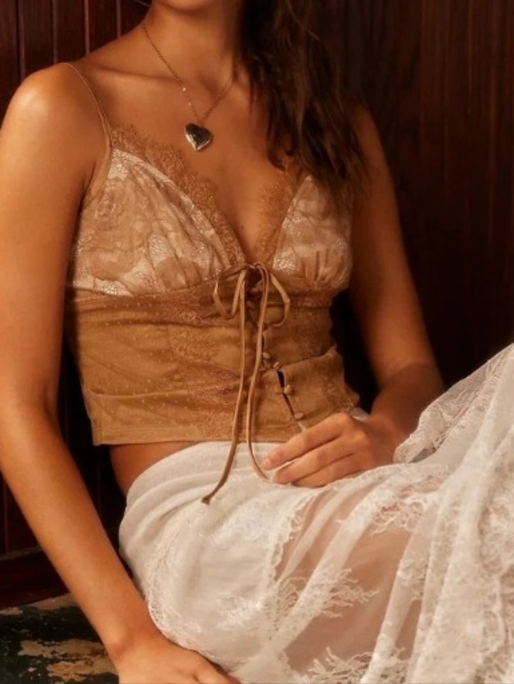 NEW Free People Intimately See Me Now Lace-Trim Corset Cami in Cognac Brown - S - Picture 2 of 9